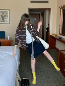 休闲条纹针织开衫，撞色长袖复古圆领毛衣，女士款，春秋季 - 棕藍 - 查看 8