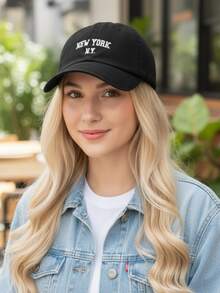 New York NY Premium Curved Brim Cap With Adjustable Strap, Men's, Women's, Casual, Unisex Polyester Embroidered Hat - 黑色 - 查看 2