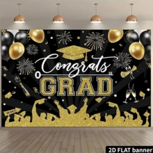 2D Flat Graduation Party Backdrop, Black, Gold Wreath, Gold Graduation Cap, Balloons, Glitter, Party Decor, Photo Background - Multicolor - View 2