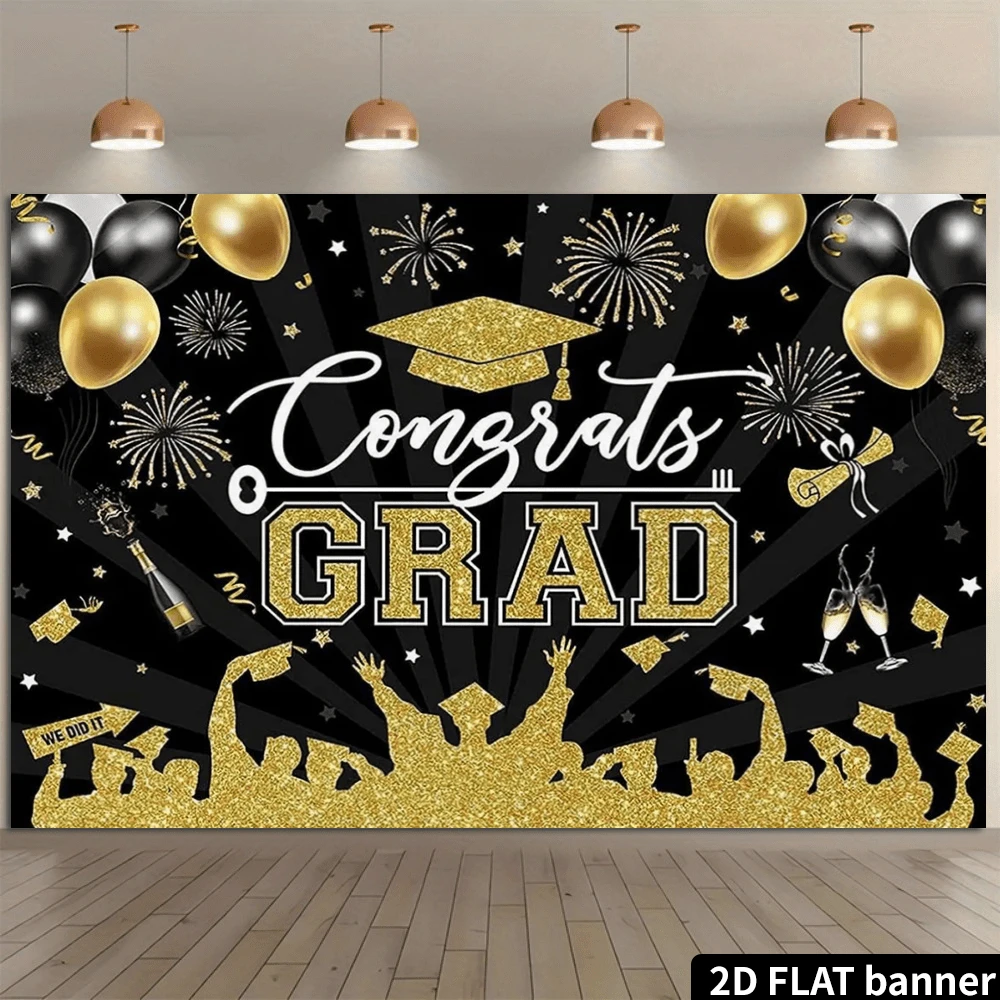 2D Flat Graduation Party Backdrop, Black, Gold Wreath, Gold Graduation Cap, Balloons, Glitter, Party Decor, Photo Background