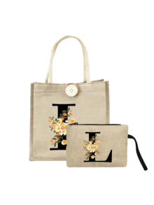 A-Z字母印花亚麻手提袋套装，个性化礼品，附赠小收纳袋，花卉图案，母亲节礼物，黄色亚麻手提袋配黑色肩带，大小号手提袋组合，送给女性、母亲、老师、朋友、伴娘的完美礼物，适合海滩、旅行等场合。 - 彩色 - 查看 16