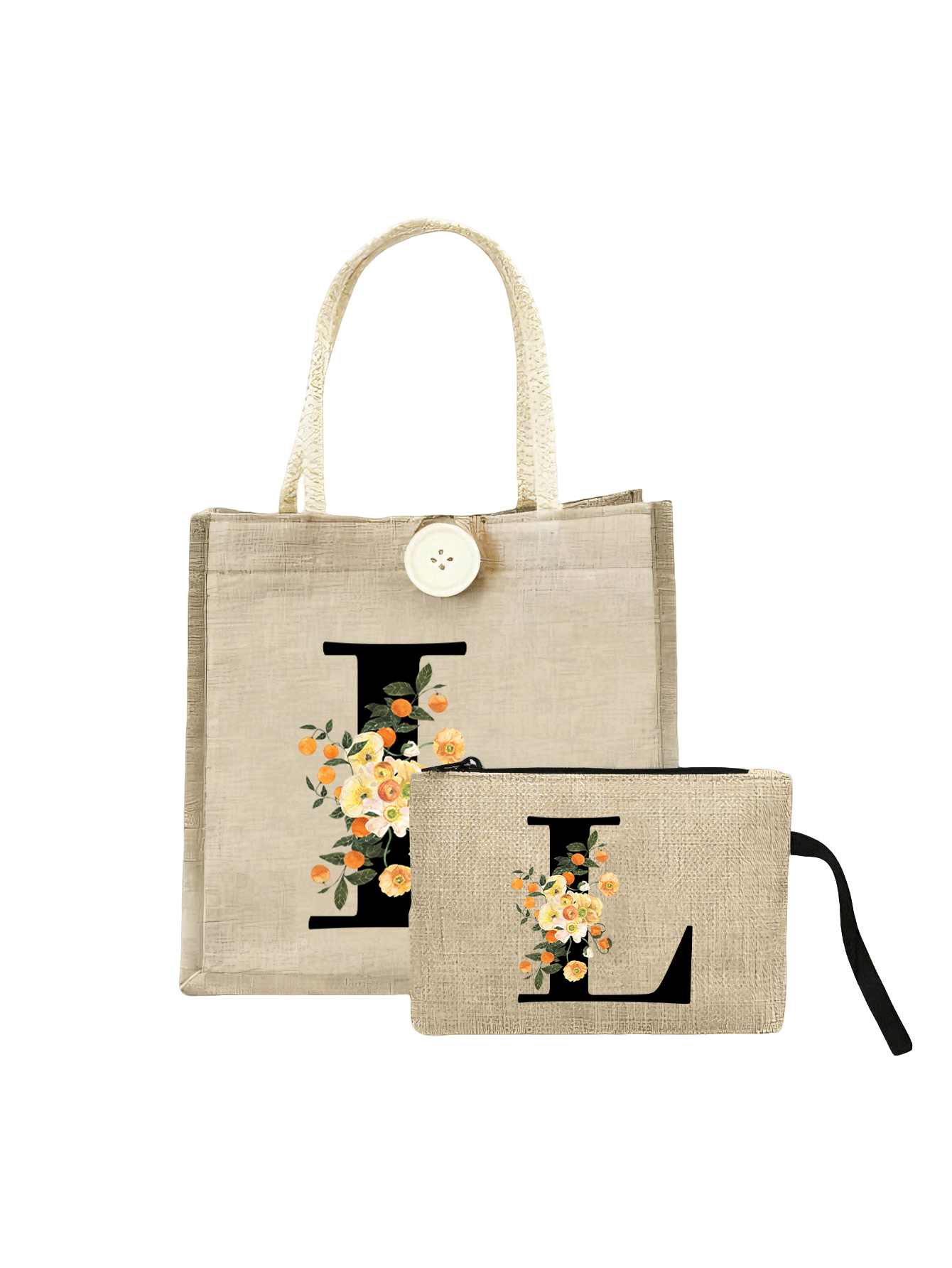 A-Z字母印花亚麻手提袋套装，个性化礼品，附赠小收纳袋，花卉图案，母亲节礼物，黄色亚麻手提袋配黑色肩带，大小号手提袋组合，送给女性、母亲、老师、朋友、伴娘的完美礼物，适合海滩、旅行等场合。 - 彩色 - 查看 16