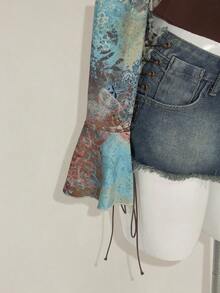 Luna Muse 新款女士复古印花撞色系带长袖修身露脐上衣，性感前卫的Y2K复古风格，蕾丝饰边紧身设计，适合日常、休闲、街头风、度假、音乐节、约会、情人节、派对等场合。 - 綠色 - 查看 6