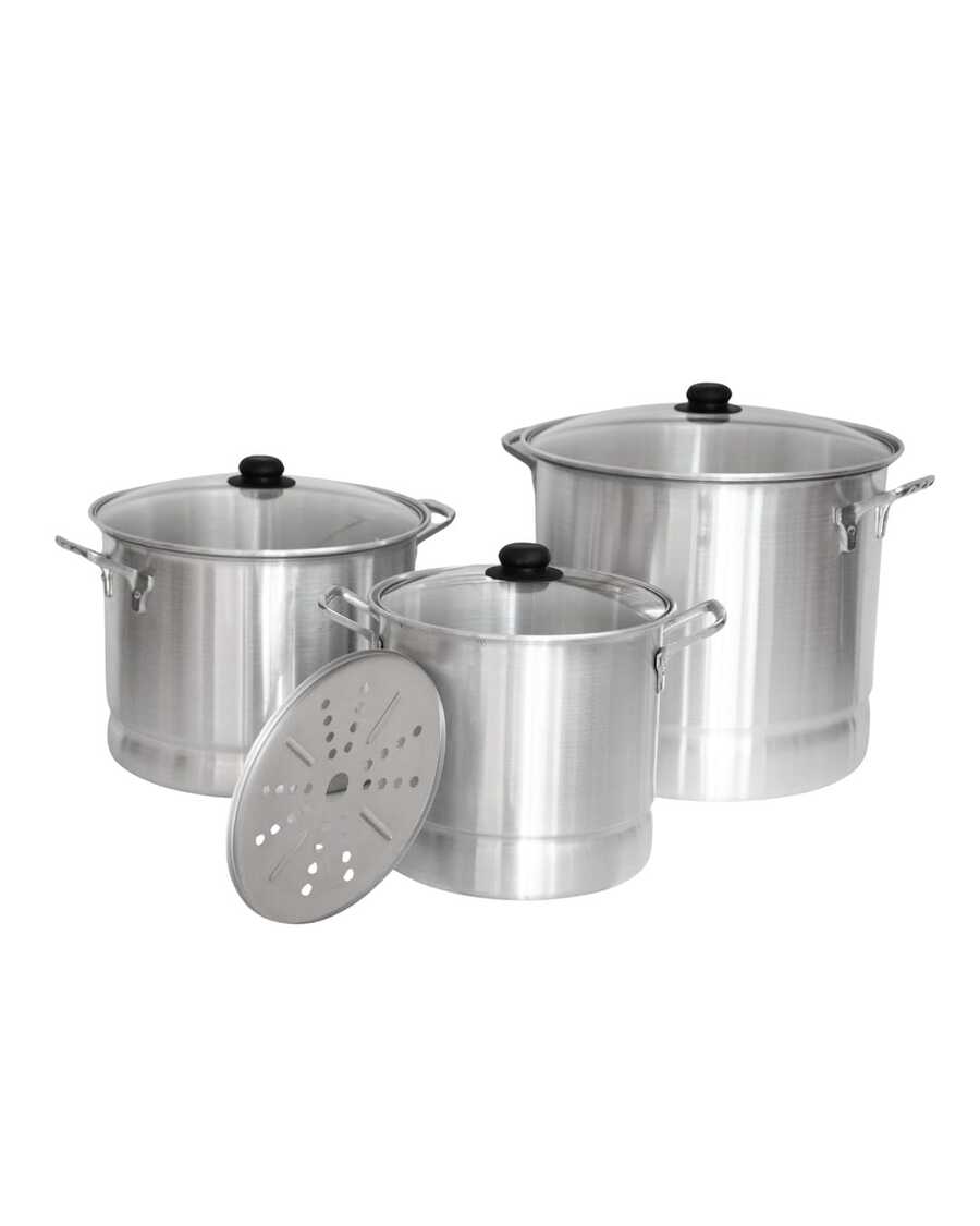 Vaporera Aluminio - LAMEX  6 pz 11, 15, 30 LTS Set de 3 Ollas Vaporeras de Aluminio Hechas en México | Capacidades 11, 15 y 30 Litros | Tapas de Cristal Irrompible | Ideales para Pozole, Tamales y Cenas Familiares | Material Grueso de Alta Calidad | Aluminio Reciclado Ecológico | Uso Doméstico y Negocio - Plateado - Ver 1