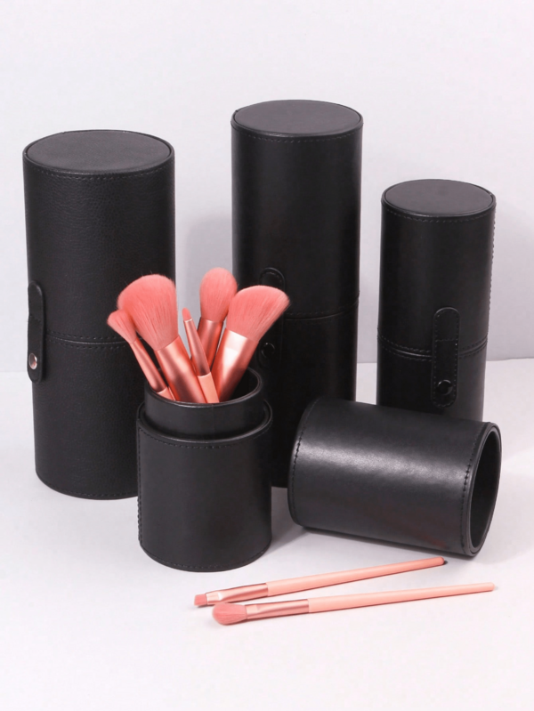 1pc Black PU Leather Makeup Brush Holder, Detachable Double-Layer Design, Makeup Tool Portable Storage Cup, Suitable For Makeup Artist, Travel, Dorm, Vanity Desk, Minimalist Cool Black Style Fits Various Makeup Scenarios, Large Capacity Holds Full Set Of Makeup Brushes