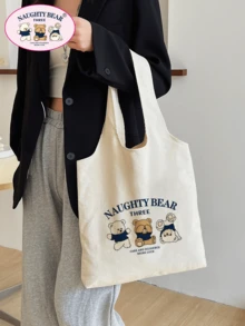 时尚卡通熊印花帆布手提包书包，返校，大容量，便携，可折叠，经典休闲，适合少女女大学生，非常适合返校、大学、小学、初中、高中、工作、商务、通勤、购物、度假 - 米色 - 查看 3