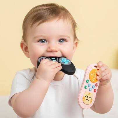 ETETOO 2pcs Baby Remote Control & Game Controller Teether Set, Silicone TV Remote Shape Chewing Toy, Sensory Buttons For Infant Gum Relief