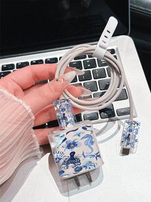 Blue Seahorse & Floral Pattern Minimalist Apple Charger Protector Case, Compatible With 20W Charger Compatible With Iphone 15, 16 ProMax Cables, Anti-Bending, Anti-Cat Bite, Fits 13/14 Plus Cables And Chargers. Christmas/Valentine's Day Gift Compatible With Iphone 17/17 ProMax/Air - Clear - View 3