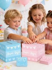 一套51件的婴儿尿布抽奖游戏盒，包含尿布抽奖券盒和婴儿礼物留言盒，适合婴儿生日派对 - 彩色 - 查看 4