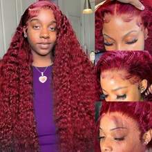 34英寸 200% 密度 深波浪蕾丝前假发 混合真人发 13x4 高清蕾丝前假发 真人发 无胶预拔毛卷发真人发假发 带婴儿发 湿润波浪假发 # 酒红色 99J - SBUG - 查看 3