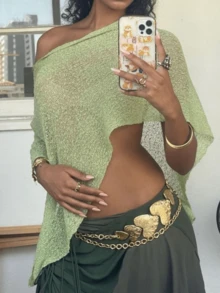 Women's Y2k Sheer Poncho Top, Lightweight Cover-Ups Crochet Shrug Bolero Mesh Knit,See-Through Off Shoulder Solid Irregular Knitted Loose Pullover,Batwing Sleeve Sweater Cover Up Beachwear,Boho Aesthetic Beach Going Out Streetwear,Spring To Summer Outfits,Rave Outfit,Concert Outfit,Summer Vacation Outfits - 綠色 - 查看 2