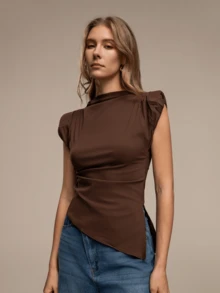 HZXVIC Áo kiểu nữ màu trơn mới, dáng bất đối xứng/xếp bèo nhún, thanh lịch. - màu nâu - Xem 5