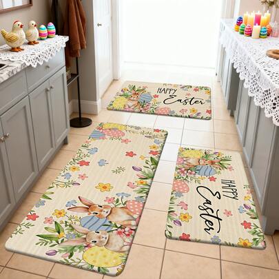 1/2/3 piezas Alfombras de cocina, felpudos de Pascua con diseño de conejos, huevos y flores primaverales sobre fondo de lino, adecuados para decoración de Pascua, primavera, hogar, cocina, baño, jardín, fiestas, interiores y exteriores para crear un ambiente pascual