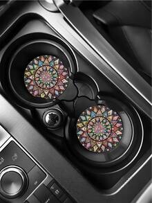 2pcs Absorbent Retro Mandala Flower Car Cup Holder Coaster Mats - Water Cup Coasters For Car Vehicles & Home Desk, Car Interior Accessories For Women - A - View 7