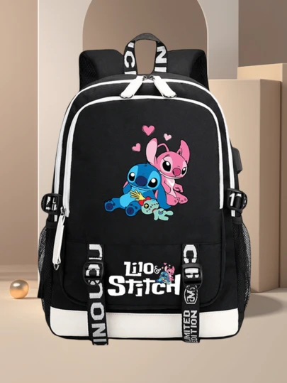 1个耐用涤纶卡通史迪奇印花大容量背包，多隔层拉链设计，轻便可折叠，色彩鲜艳，适合上学和旅行