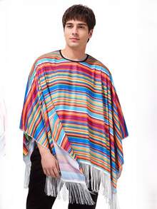 1pc Adult Rainbow Striped Cosplay Cloak, Mexican Costume Shawl Cape For Festival Party Role Play - Multicolor - View 3