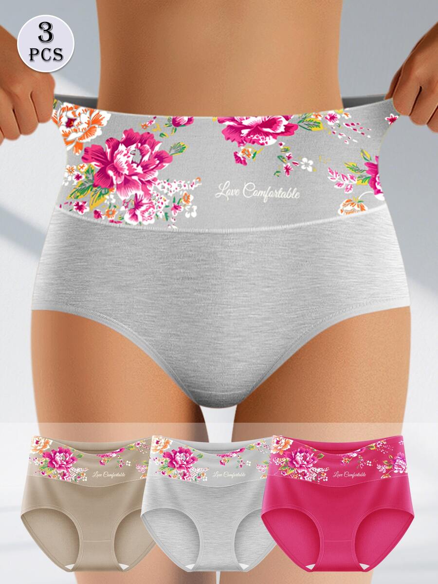 QUASTI 3pcs Women's High Waist Cotton Panties, Tummy Control & Lift, Romantic Floral Print, Comfortable & Breathable, Great Gift Choice