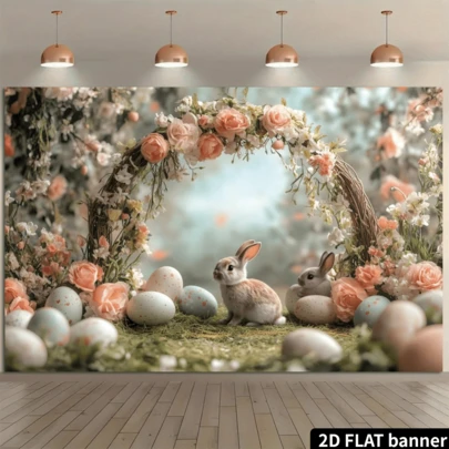 Tela de fondo plano 2D de casa de cuento de hadas de Pascua, conejos, girasoles, huevos de Pascua, flores, paredes azul soñadoras, decoración de festival, decoración del hogar, decoración de fiesta, fondo de fotografía