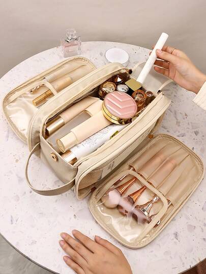 Beige Waterproof PU Leather Multifunctional Makeup Bag Double-Layer Large Capacity Portable Travel Cosmetic Bag Toiletries Storage Bag With Handle For Woman Dividers PU Makeup Bag Brush Storage Bag Men Business Wash Bag Makeup Bags Makeup Organizer Make Up Organizer Makeup Storage Back To School Supplies Make Up Bag
