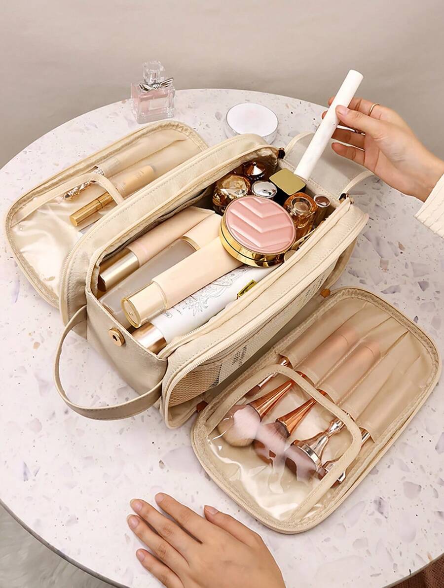 Beige Waterproof PU Leather Multifunctional Makeup Bag Double-Layer Large Capacity Portable Travel Cosmetic Bag Toiletries Storage Bag With Handle For Woman Dividers PU Makeup Bag Brush Storage Bag Men Business Wash Bag Makeup Bags Makeup Organizer Make Up Organizer Makeup Storage Back To School Supplies Make Up Bag,Travel Essential,Summer Bag,Summer,Bridesmaid Gifts,Mother's Day,Mom,Mother's Day Gift,Flower,Jewelry,Mother's Day Decorations,Mother's Day Party Supplies,Women,Pink,Gift Set - 米色 - 查看 1