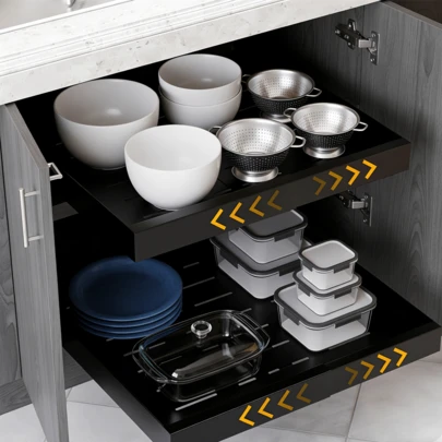 Pull-Out Cabinet Organizer, Single Pack Retractable 11.8"–19.6" (Manual Extension Required) Sturdy Slide-Out Drawer With Adhesive Strip, For Kitchen Cabinet Storage (Black, 17" Depth)