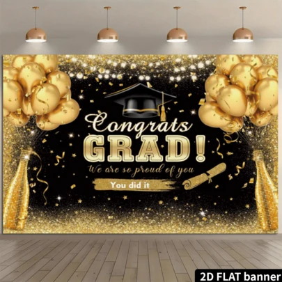 Phông nền tiệc tốt nghiệp 2D phẳng, màu đen và vàng, chữ "Chúc mừng tốt nghiệp", mũ cử nhân, bóng bay, bằng tốt nghiệp, dây đèn, kim tuyến, trang trí tiệc, phông nền chụp ảnh, sợi polyester, không cần nguồn điện.