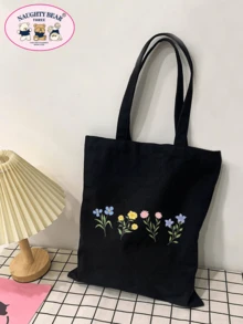 花卉图案购物袋双手柄 PreppySchool 包，返校背包，经典休闲，轻便，便携，适合少女、女大学生，非常适合返校、大学、初中、高中、开学第一天 - 黑色 - 查看 3