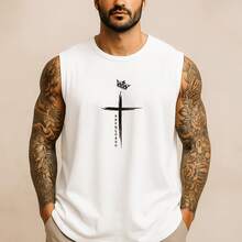 Regata Masculina Cavada Cruz Abençoado Algodão 100% Estampada Premium Academia Verão Treino Fitness Casual Streetwear Oversized - Branco - Visão 3