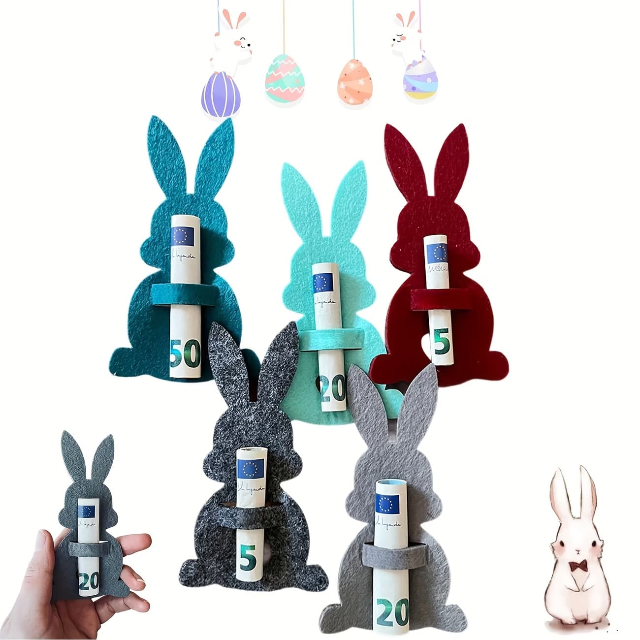6pcs Easter Bunny Wallet, Classic Creative Easter Wallet Card, Felt Bunny Wallet, Gift Wallet, Felt Pouch To Hold Cash Or Coupons, Easter Bunny Cash Gift Decor, Easter Basket Decor - Multicolor - View 1