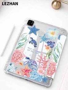 1个蓝色海龟海洋元素设计扁平保护壳，带Y型折叠支架，兼容iPad 10.2英寸、iPad Pro 11英寸（2021/2020款）、iPad（A16）11英寸（第11代/2025款）、第10代/iPad mini 4/5/6、iPad（第9代，10.2英寸），带笔槽，防摔，支持睡眠/唤醒功能，浪漫礼物 - 彩色 - 查看 1