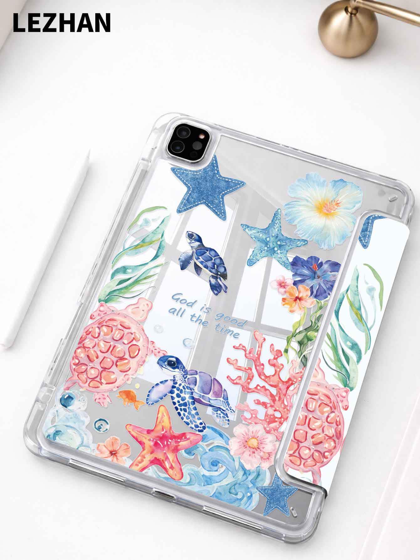 1个蓝色海龟海洋元素设计扁平保护壳，带Y型折叠支架，兼容iPad 10.2英寸、iPad Pro 11英寸（2021/2020款）、iPad（A16）11英寸（第11代/2025款）、第10代/iPad mini 4/5/6、iPad（第9代，10.2英寸），带笔槽，防摔，支持睡眠/唤醒功能，浪漫礼物 - 彩色 - 查看 1