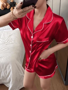 Dreamivo 情人节优雅女士红色纯色真丝睡衣套装 - 短袖纽扣领上衣和裤子，柔软缎面睡衣，可机洗，可外穿 - 紅色 - 查看 5