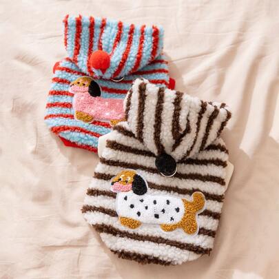1pc Cute Striped Hooded Fleece Warm Vest For Pets, Dog Clothes, Cat Clothes, Suitable For Teddy, Poodle, Maltese