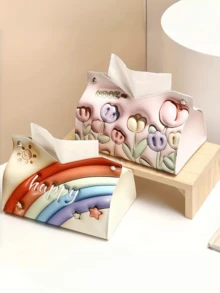 1pc Luxury Rose Oil Painting Tissue Box, Creative Desktop/Car Tissue Paper Holder For Living Room - Multicolor - View 7