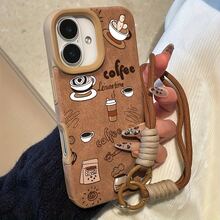 1pc Brown Leather Coffee Letter Element Classic Minimalist Lanyard Soft TPU Protective Phone Case Compatible With IPhone 17/17 Pro/17 Pro Max/11/12/13/14/15/16/17 Pro Max Series - Multicolor - View 1