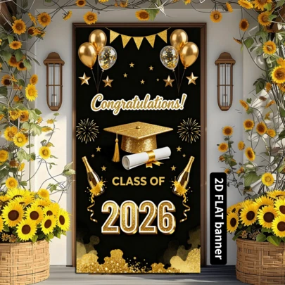 Rèm cửa trang trí tốt nghiệp 2D màu đen và vàng, cờ mừng tốt nghiệp năm 2026, họa tiết mũ tốt nghiệp và bóng bay, trang trí đa năng, quà tặng ngày lễ, chất liệu polyester, không cần nguồn điện.