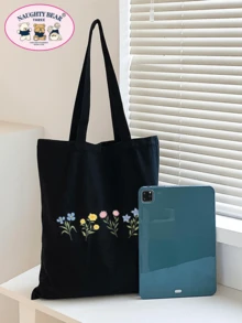 花卉图案购物袋双手柄 PreppySchool 包，返校背包，经典休闲，轻便，便携，适合少女、女大学生，非常适合返校、大学、初中、高中、开学第一天 - 黑色 - 查看 5