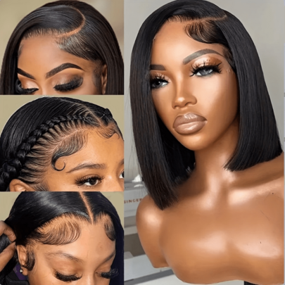 NATAN Elegant Short Bob Cut Synthetic Lace Front Wig For Women - 13x4 Lace Area, 180% Density, High Temperature Fiber, Straight Hair, Pre-Plucked Glueless Wig For Cosplay & Daily Use