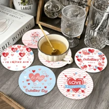 A Set Of Valentine's Day Themed Coasters With Heart, Arrow, And Glass Bottle Decorations - The Classic Valentine's Elements. Accompanied By Romantic Text Like "LOVE", "I Love You", And "HAPPY Valentine's Day", In A Sweet And Hand-Drawn Cartoon Style With A Pink And Blue Color Scheme To Convey The Loving Atmosphere Of Valentine's Day. - Wooden Board-circle Coaster - View 3