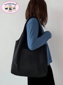 女士简约帆布手提包，开顶帆布单肩包，手提包，适合小学生/中学生/大学生的简约公文包，文件夹，旅行包 - 黑色 - 查看 3