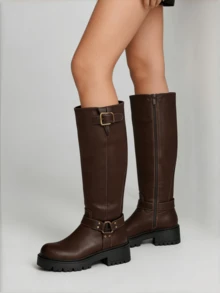 Women's Knee High Boots Slip On Squared Toe Chunky High Heel Platform Riding Boots Buckle Boots For Women Sexy Tall  Boots Dance Party Shoes For Halloween Christmas - a棕色 - 查看 7