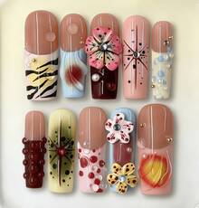 NailVease 10 PCS Handmade Press-On Nails | Beige-Pink Collage Sweet & Cool Long Nails With Acrylic Beige & Pink Bases, 3D Flower & Zebra Element & Gem Embellishments & Playful Retro Designs - 粉色 - 查看 11