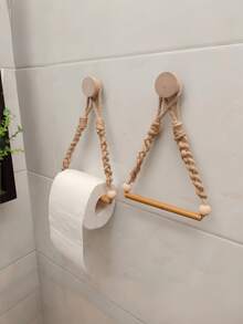 Wall-Mounted Hemp Rope Toilet Roll Paper Holder, Non-Perforated Toilet Hemp Rope Roll Paper Holder, Kitchen Wall-Mounted Roll Paper Holder With Hooks, Suitable For Replacing Rolls-Modern Home Fashion Bathroom Accessories - Brown - View 10