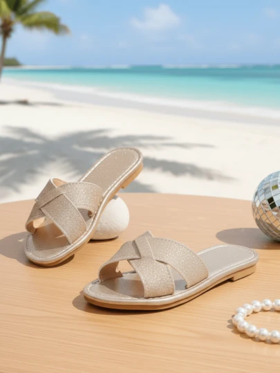 1双金色加大码儿童平底凉鞋，纯色亮面编织带，经典圆头，柔软防滑套穿设计，时尚波西米亚风沙滩拖鞋，适合度假、海滩、派对、2026春夏穿着