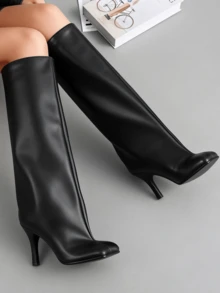 Women's Knee High Boots Square Toe Stiletto Heel Tall Shoes Wide Calf Long Boots Heeled Slouchy Shoes - 黑色pu - 查看 2