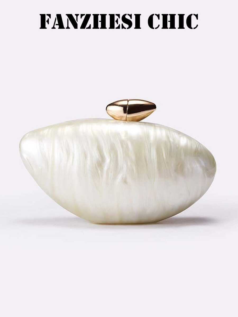 Fashionable Minimalist Marble Pattern Acrylic Handbag, Elegant Personalized Goose Egg Niche Clutch, Chain Shoulder Bag - White - View 1