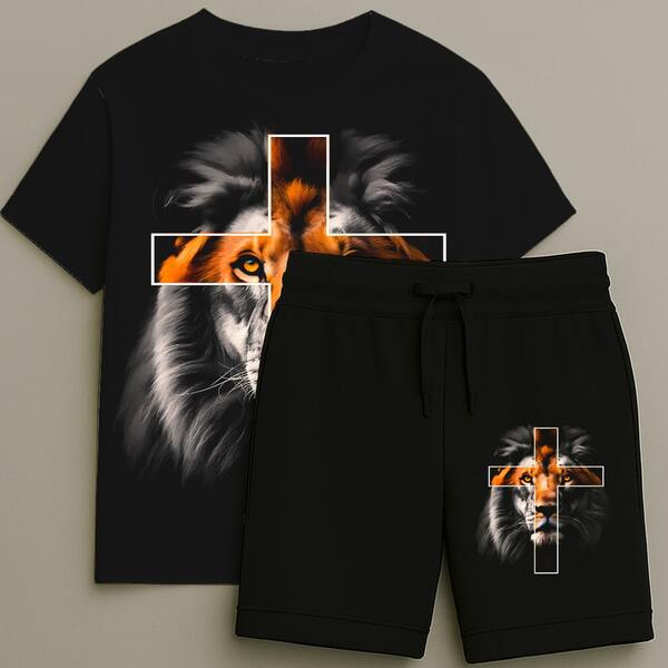 Camiseta e Bermuda Infantil Masculina Estampa Leão Cruz Premium Alta Qualidade Do Tamanho 2 ao 16