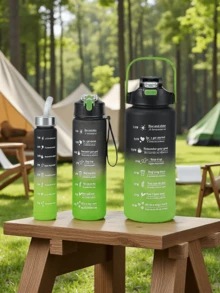 3个装塑料水瓶套装，带吸管，渐变色，带容量刻度，户外便携运动水杯 - 黑紅漸變 - 查看 3