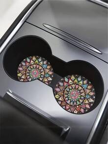 2pcs Absorbent Retro Mandala Flower Car Cup Holder Coaster Mats - Water Cup Coasters For Car Vehicles & Home Desk, Car Interior Accessories For Women - A - View 2