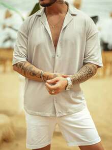 男士度假风纯棉衬衫，米色条纹衬衫，宽松领上衣，透气沙滩度假装 - 彩色 - 查看 1
